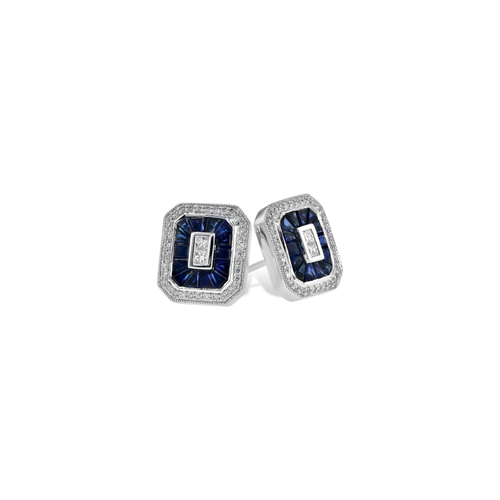 Earrings with an octagonal design, featuring central rectangles surrounded by deep blue gemstones and a border of sparkling diamonds.
