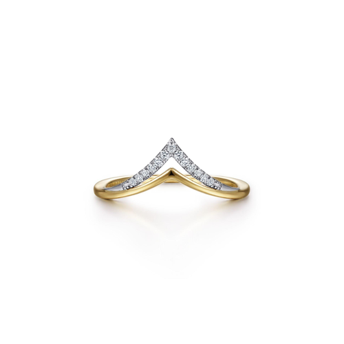 A minimalist gold V-shaped ring adorned with small diamonds on the top section, set against a white background.