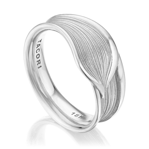 White gold ring featuring a flowing leaf-like design with textured grooves.