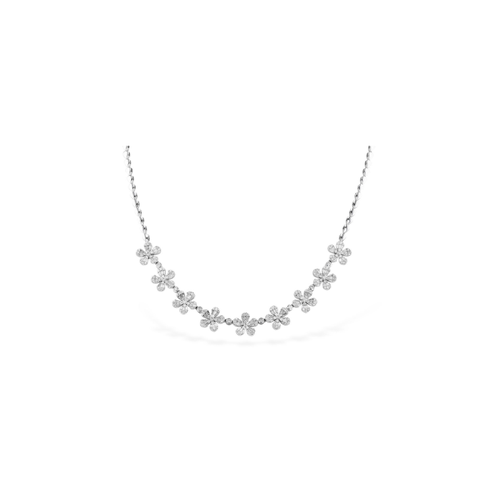A white gold necklace featuring floral-shaped diamond clusters arranged along a thin, curved chain.