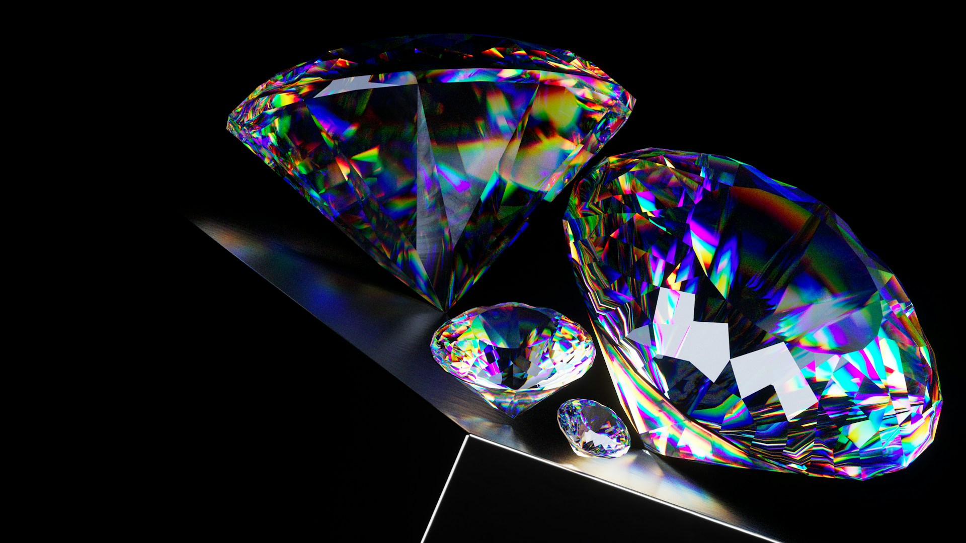A luminous close-up of round cut diamonds of multiple sizes on a black backdrop.