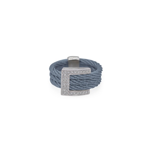 A gray cable ring with multiple twisted strands is accented by a square-shaped silver setting with small sparkling stones.