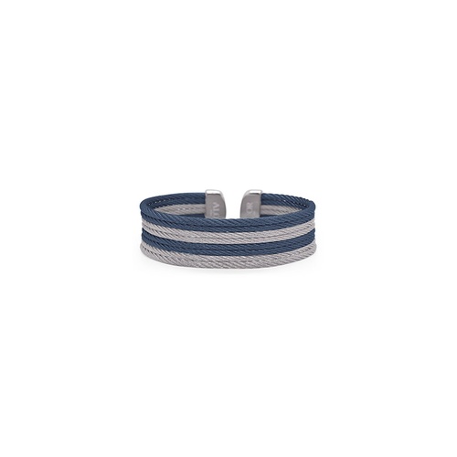 A bracelet featuring alternating blue and gray woven strands with metallic ends.