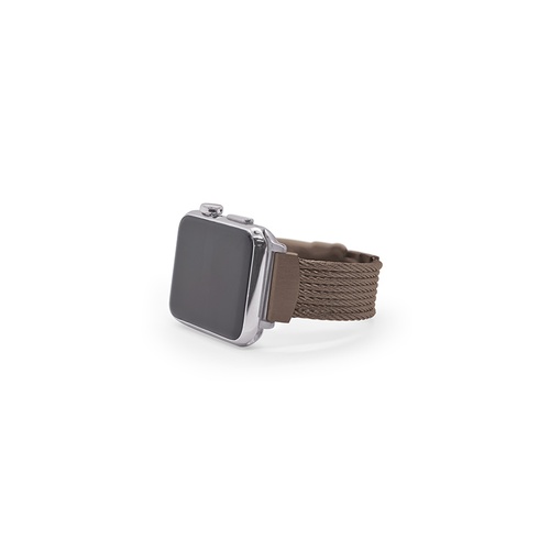 A smartwatch with a square, black screen and a metallic silver frame, featuring a textured brown woven band.