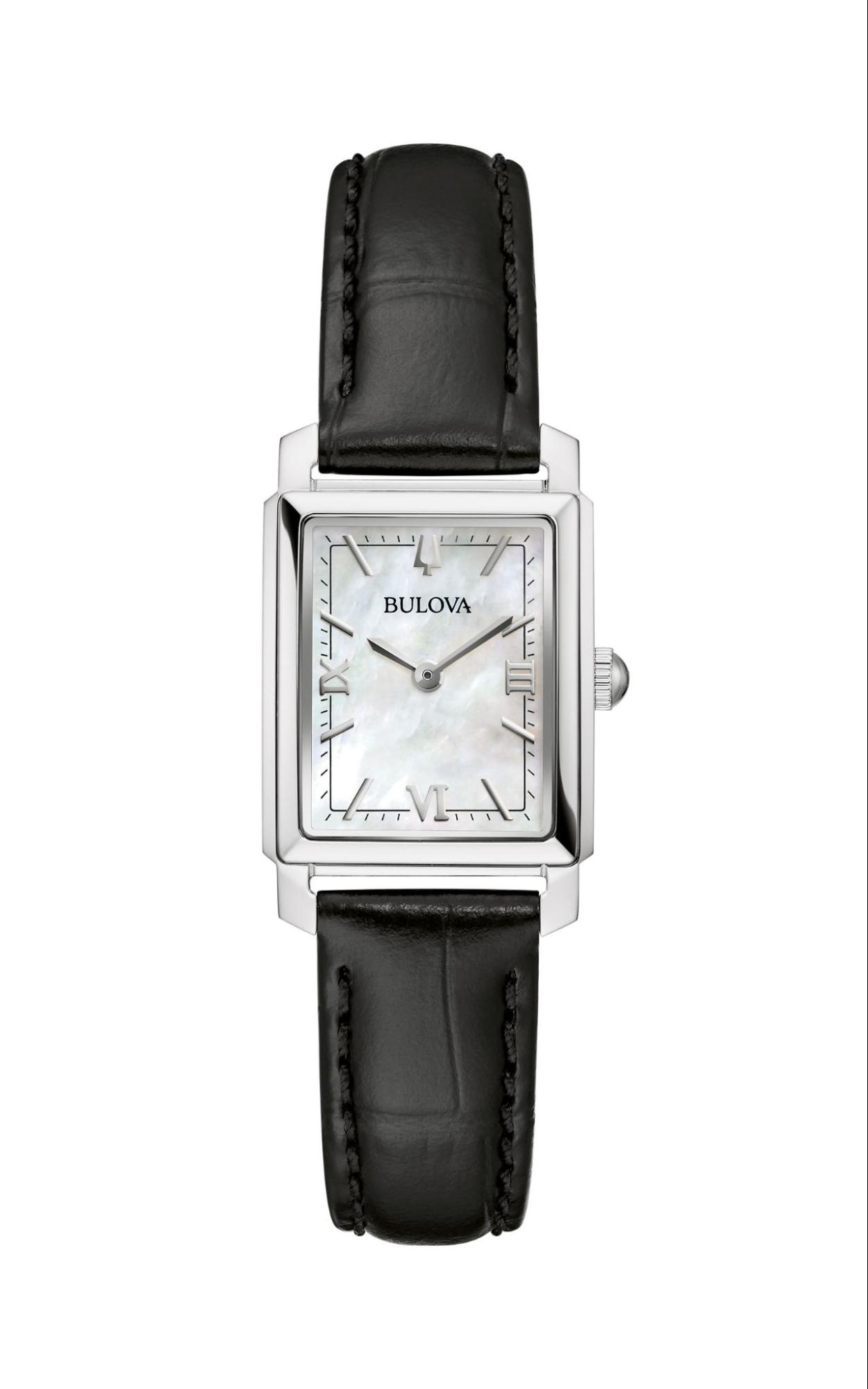 A Bulove black leather wristwatch with white dial
