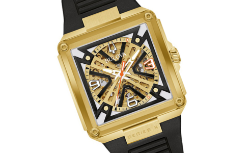 A close-up of an eye-catching Bulova watch with a skeleton dial, available at Hannoush Jewelers.