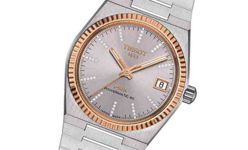 A close-up of a bold yet feminine Tissot watch, available at Hannoush Jewelers.