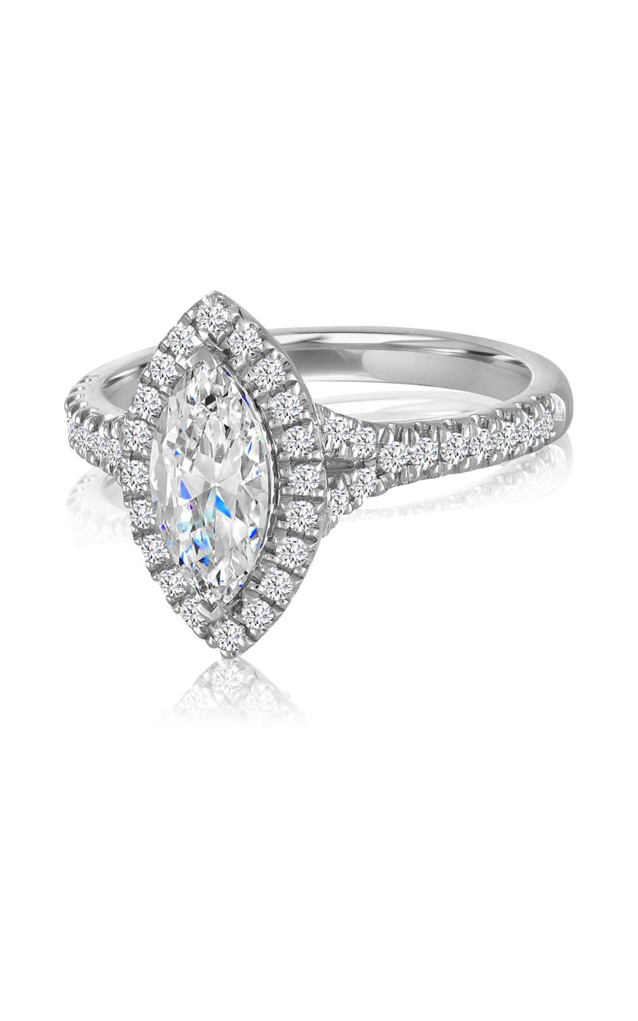 A close up of a white gold halo marquise cut diamond engagement ring against a white background. A close up of a white gold halo marquise cut diamond engagement ring against a white background.